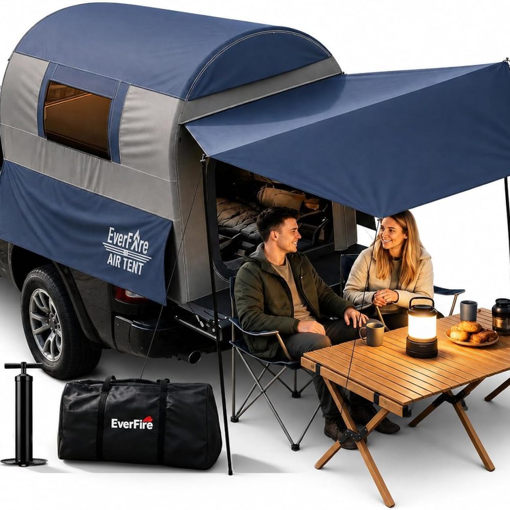 Truck Bed Tent 5.5ft-8ft with Awning Shade, 2 Mins Fast Setup Inflatable Pickup Truck Tent for 2+1 People, PU 3000mm Waterproof UPF 50+ Sunproof Windproof Camping Tent