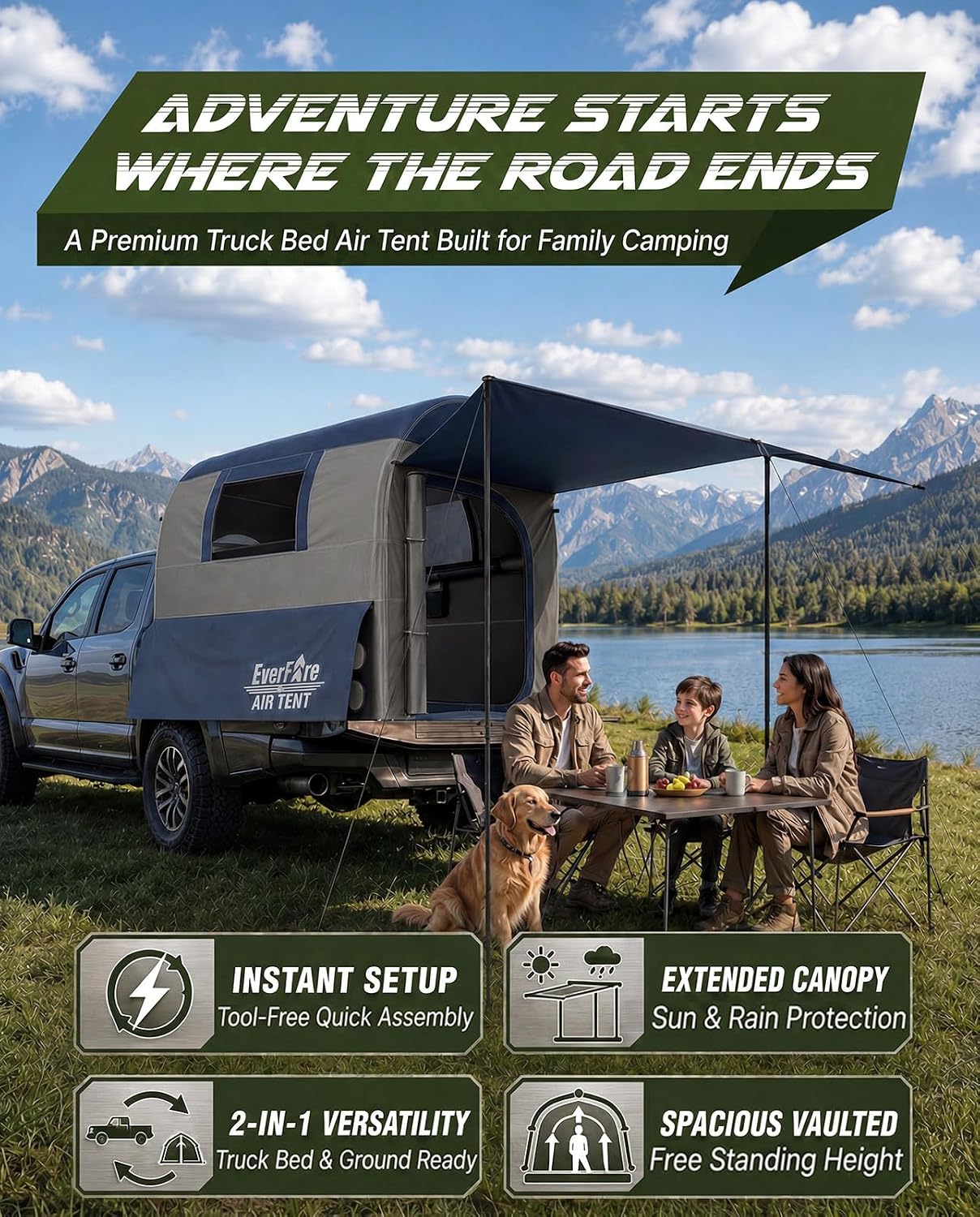 Truck Bed Tent 5.5ft-8ft with Awning Shade, 2 Mins Fast Setup Inflatable Pickup Truck Tent for 2+1 People, PU 3000mm Waterproof UPF 50+ Sunproof Windproof Camping Tent - Image 2