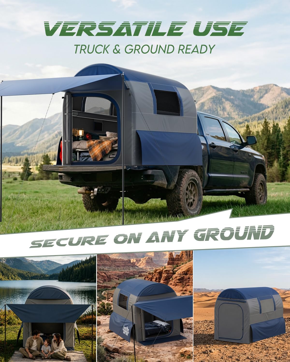 Truck Bed Tent 5.5ft-8ft with Awning Shade, 2 Mins Fast Setup Inflatable Pickup Truck Tent for 2+1 People, PU 3000mm Waterproof UPF 50+ Sunproof Windproof Camping Tent - Image 3
