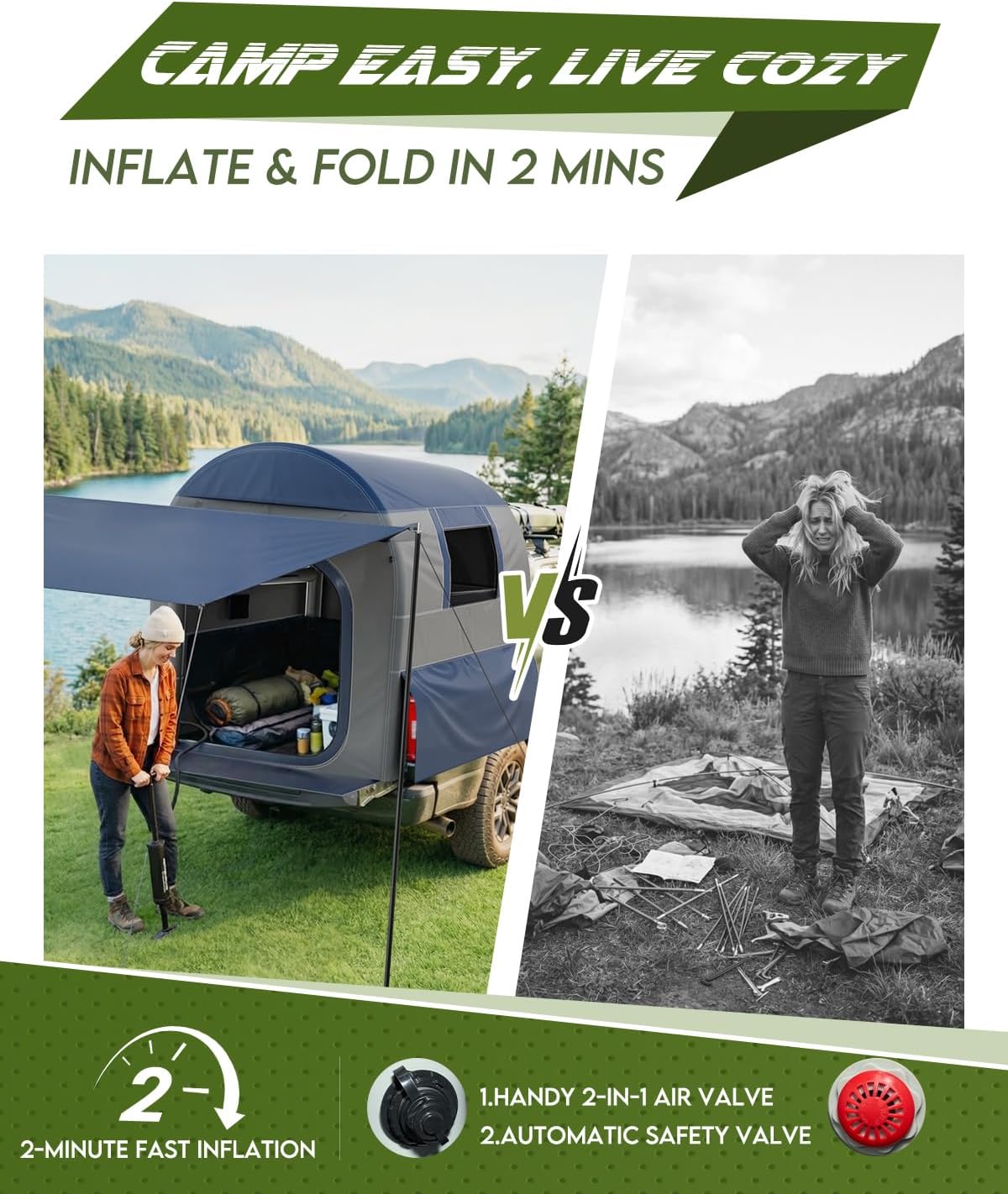 Truck Bed Tent 5.5ft-8ft with Awning Shade, 2 Mins Fast Setup Inflatable Pickup Truck Tent for 2+1 People, PU 3000mm Waterproof UPF 50+ Sunproof Windproof Camping Tent - Image 4