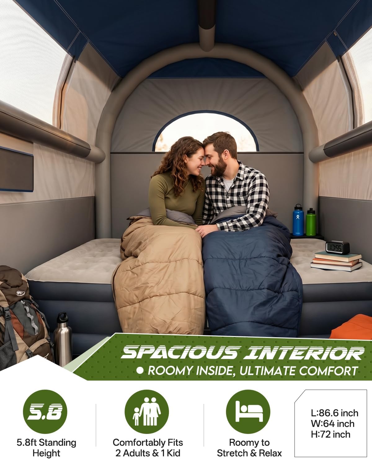 Truck Bed Tent 5.5ft-8ft with Awning Shade, 2 Mins Fast Setup Inflatable Pickup Truck Tent for 2+1 People, PU 3000mm Waterproof UPF 50+ Sunproof Windproof Camping Tent - Image 5