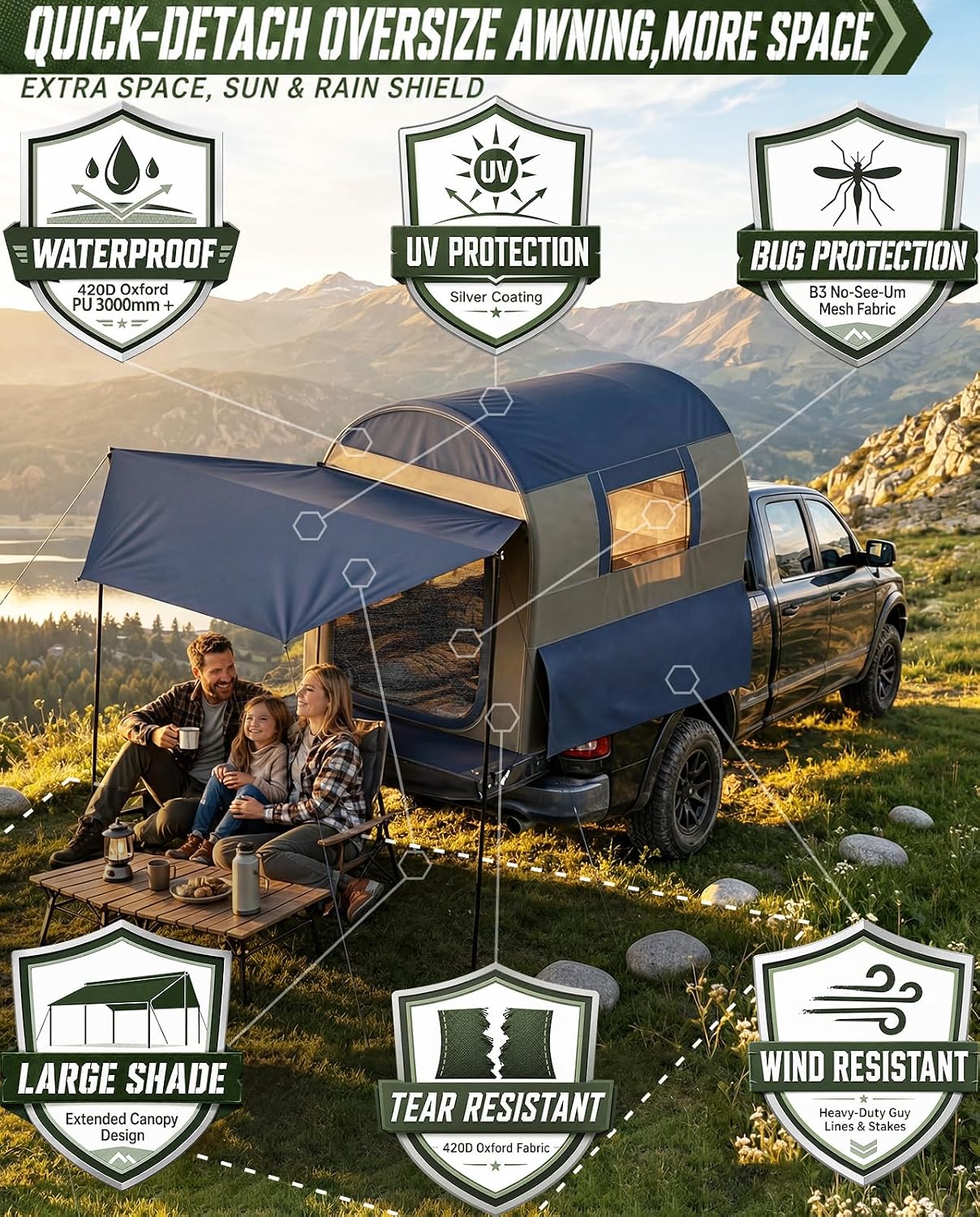 Truck Bed Tent 5.5ft-8ft with Awning Shade, 2 Mins Fast Setup Inflatable Pickup Truck Tent for 2+1 People, PU 3000mm Waterproof UPF 50+ Sunproof Windproof Camping Tent - Image 6