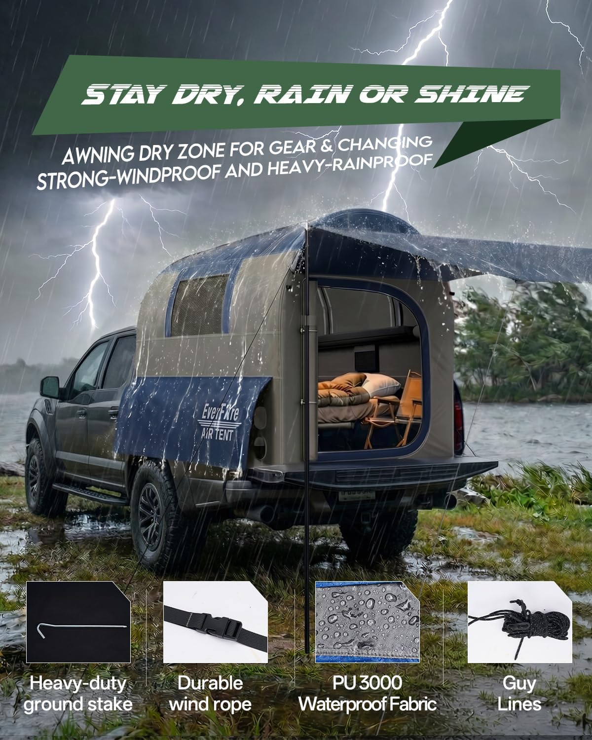 Truck Bed Tent 5.5ft-8ft with Awning Shade, 2 Mins Fast Setup Inflatable Pickup Truck Tent for 2+1 People, PU 3000mm Waterproof UPF 50+ Sunproof Windproof Camping Tent - Image 7