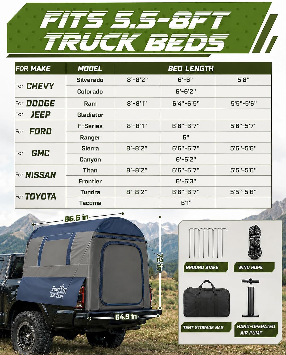 Truck Bed Tent 5.5ft-8ft with Awning Shade, 2 Mins Fast Setup Inflatable Pickup Truck Tent for 2+1 People, PU 3000mm Waterproof UPF 50+ Sunproof Windproof Camping Tent - Image 8