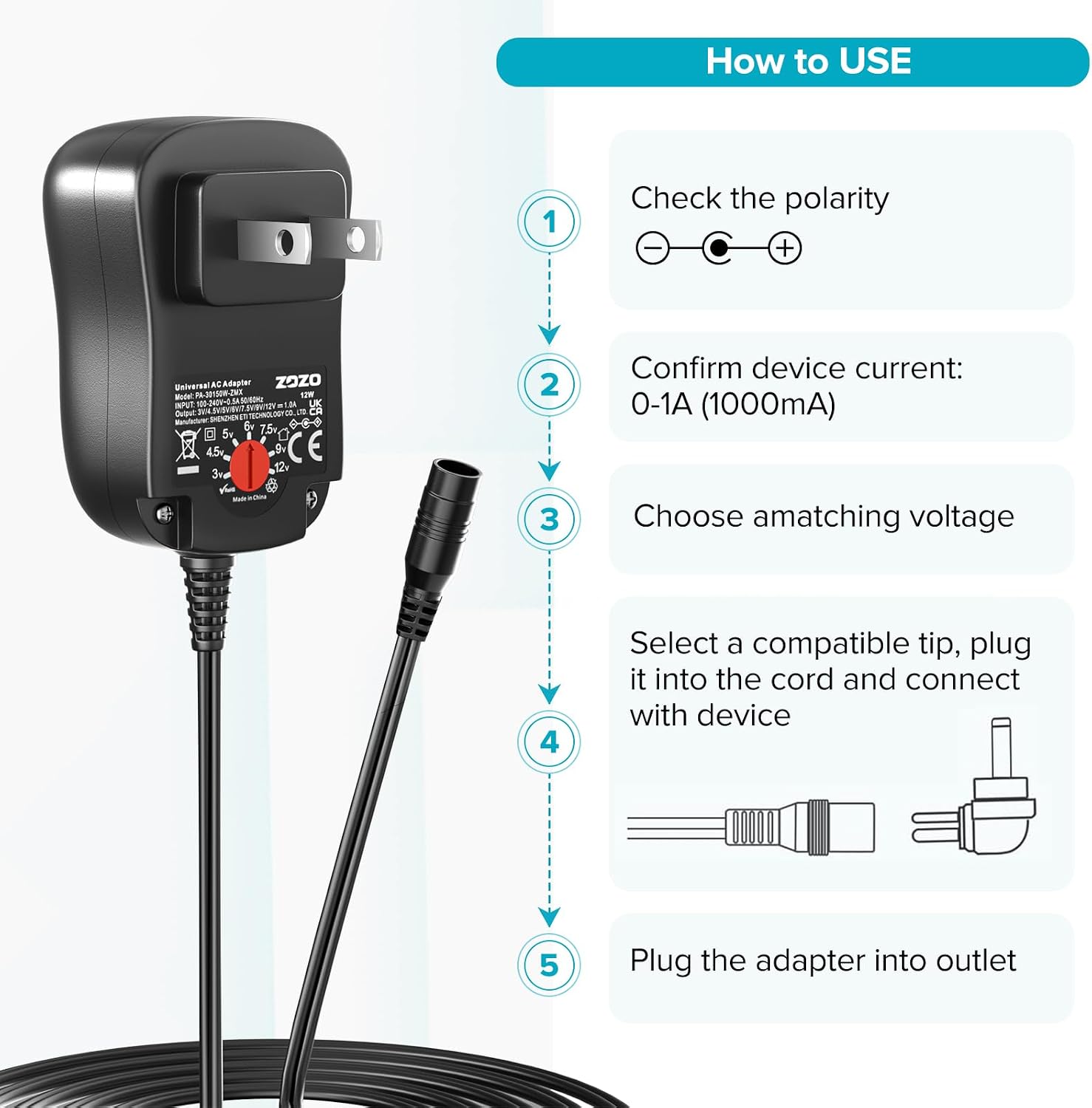 ZOZO 12W Universal AC DC Adapter 3V 4.5V 5V 6V 7.5V 9V 12V 1A Power Supply - Image 6