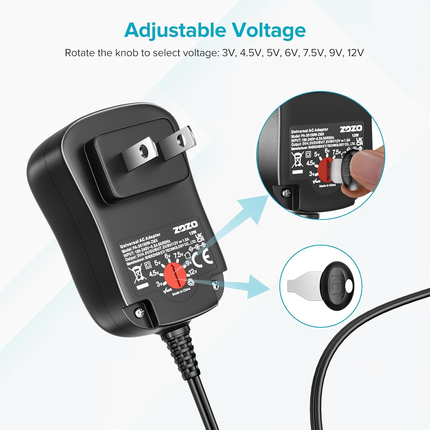 ZOZO 12W Universal AC DC Adapter 3V 4.5V 5V 6V 7.5V 9V 12V 1A Power Supply - Image 7